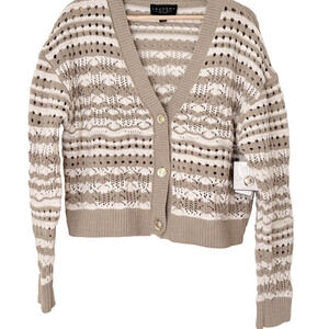 NEW Laundry Shelli Segal Crochet Knit Cardigan Sweater Neutral Stripe V-neck XL